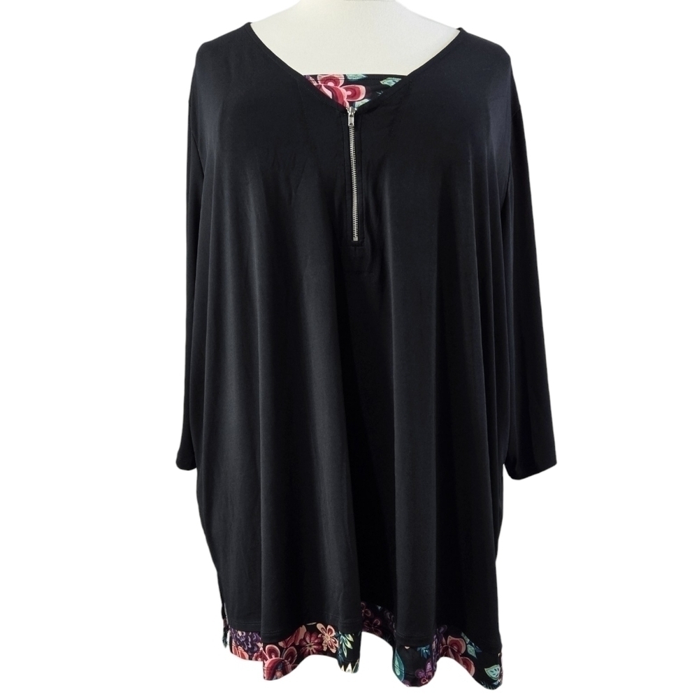 Catherines Black Floral Half Zip V-Neck Tunic Duet Layered Look Liquid Knit